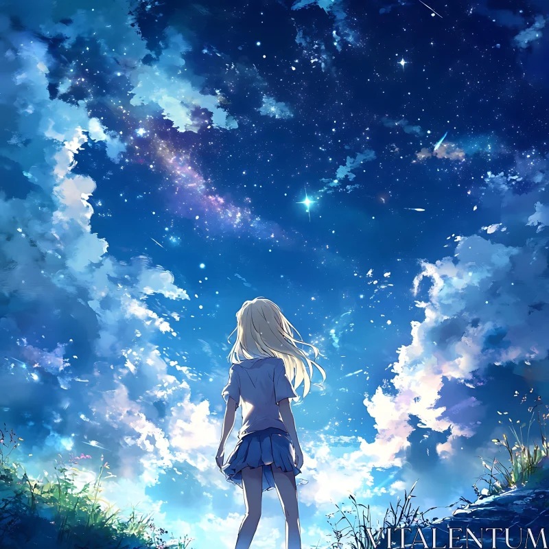 Girl and Starry Sky in Anime Art AI Image