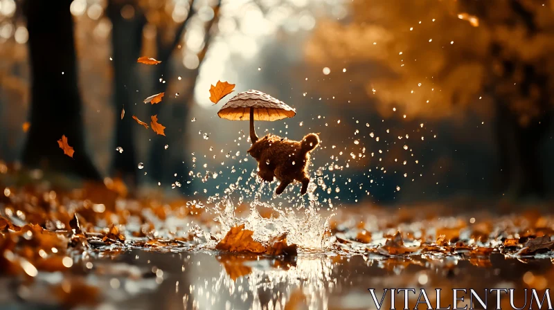 Enchanting Dog Jumping with Mushroom in Autumn Leaves AI Image