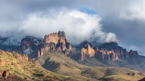 Cloudy Mountain Peaks with Snow