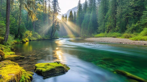 Peaceful River Scene in Evergreen Forest