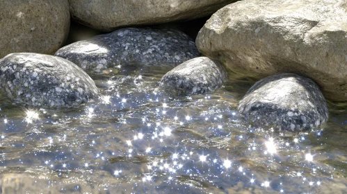 Peaceful Stream with Sunlit Rocks and Sparkling Water