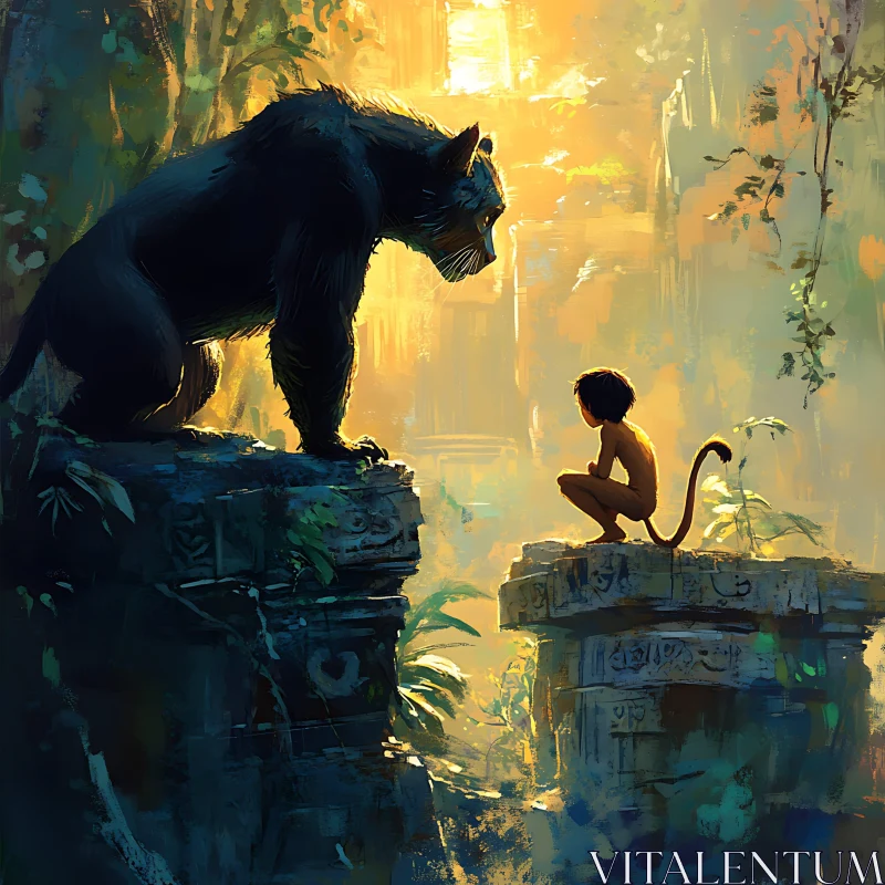 Black Panther and Child amongst ruins AI Image