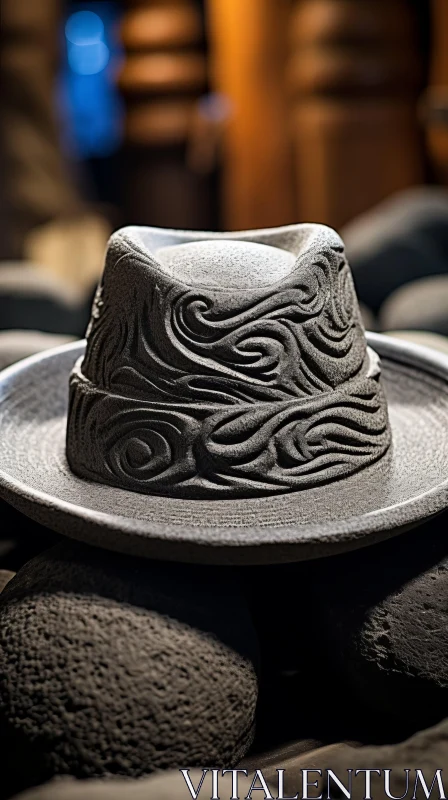 Intricate Leather Hat with Swirl Design | Organic Stone Carvings AI Image