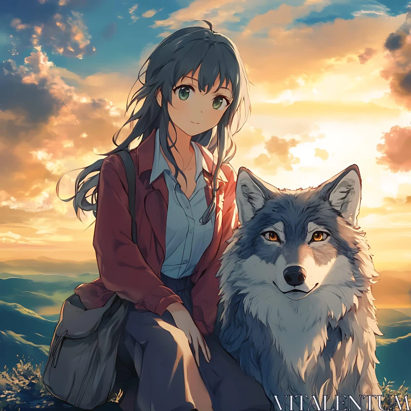 AI ART Girl and Wolf Anime Scene