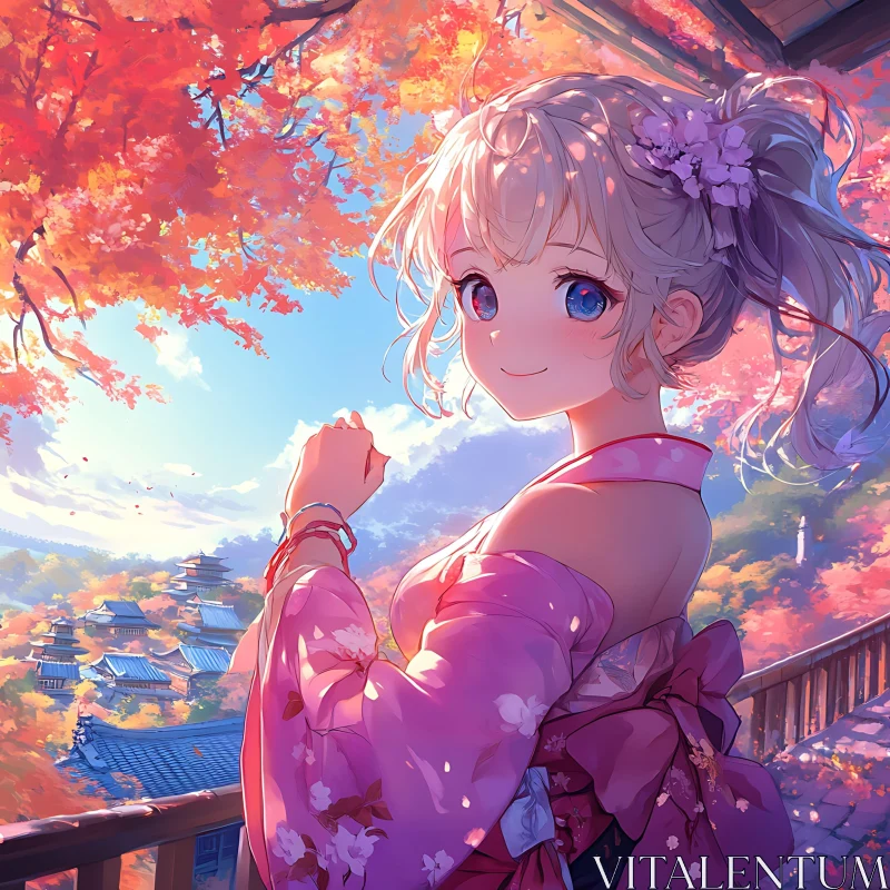 Charming Anime Girl in Scenic Autumn Setting AI Image