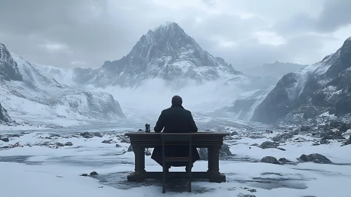 Man at Desk in Snowy Mountains