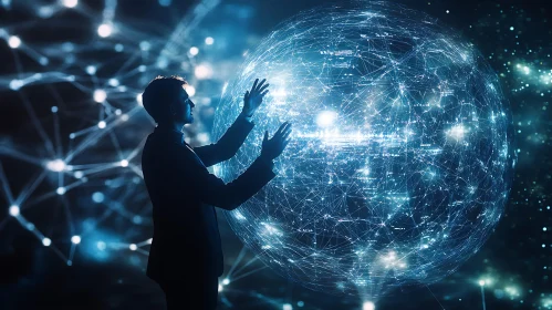 Man Interacting with Digital Network Sphere