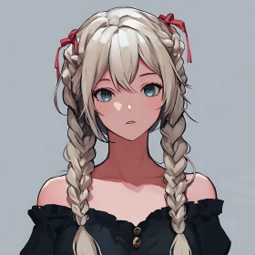 Anime Portrait of Girl with Braids and Red Ribbons