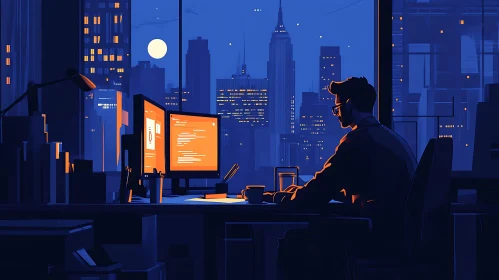 Man Coding at Night with City View