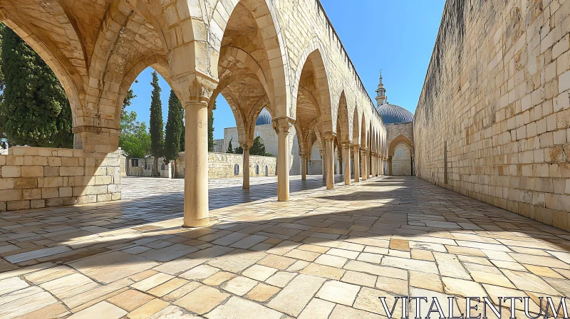 Ancient Arched Courtyard Leading to Domed Architecture AI Image