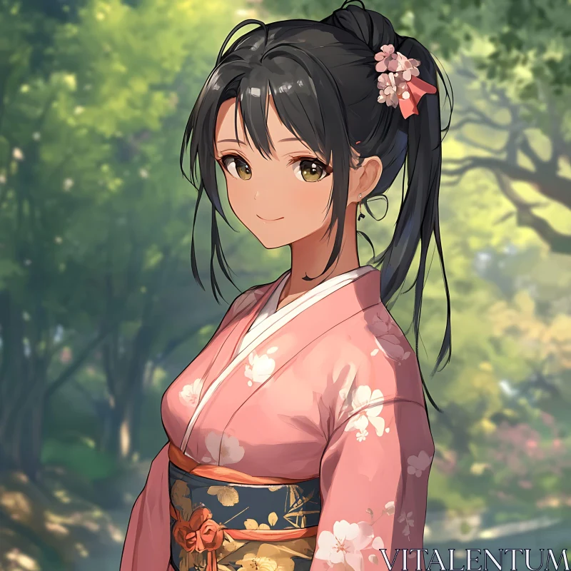 Anime Girl in Traditional Kimono in Sunlit Forest AI Image