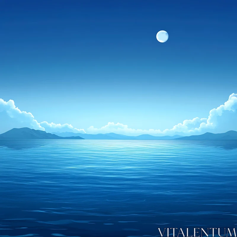 Blue Seascape with Moon Reflection AI Image