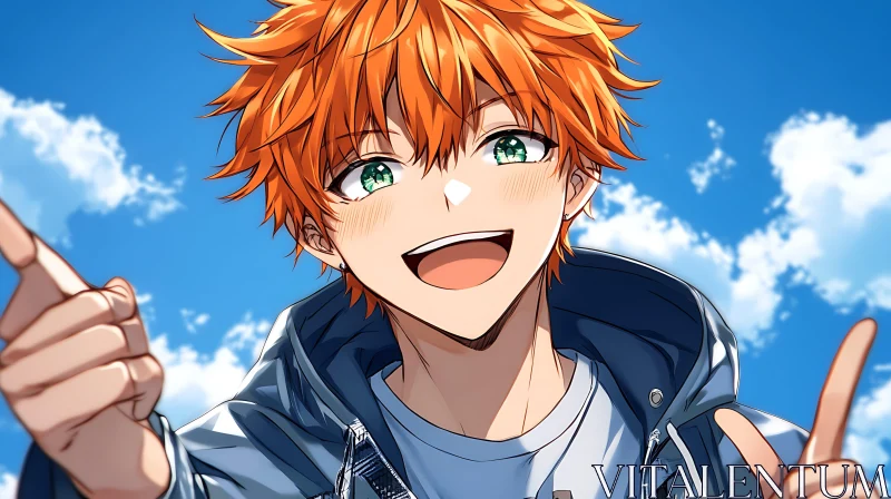 Smiling Anime Character with Blue Sky Background AI Image