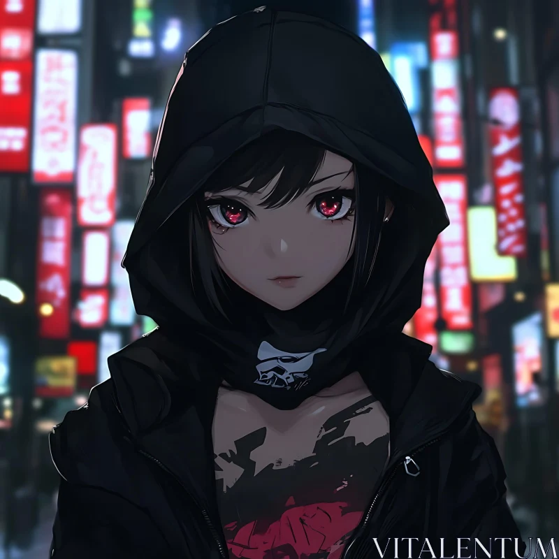 City Night Anime Girl with Black Hoodie AI Image