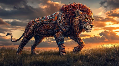 Patterned Lion Walking in Golden Field