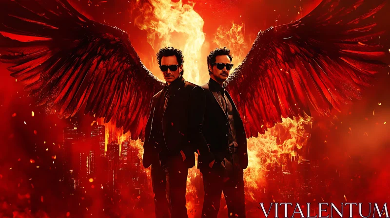 Winged Figures in Burning Metropolis AI Image