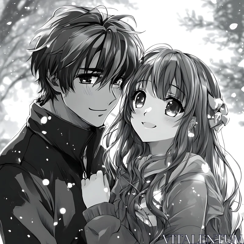 Anime Couple Embracing in Winter Snow AI Image