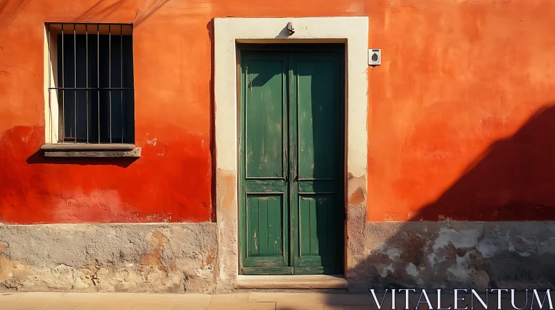 Vivid Orange Facade with Worn Green Door and Barred Window AI Image