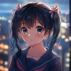 Thoughtful Anime Girl amidst Night Lights