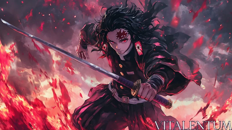 Anime Samurai with Katana in Flames AI Image