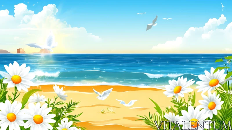 AI ART Seaside Daisies and Seagulls