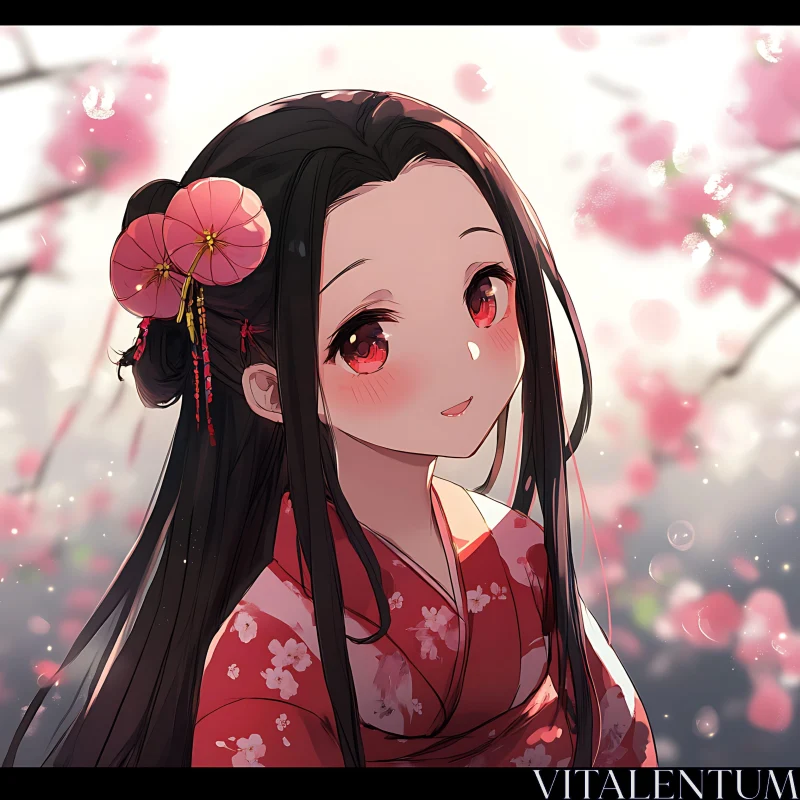 Anime Girl in Red Kimono Amidst Blooming Cherry Blossoms AI Image