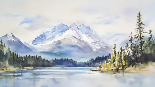 Watercolor Mountain Scene with Forest and Lake