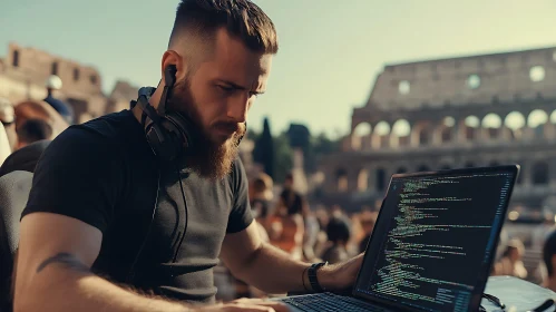 Man Coding in Rome near Colosseum