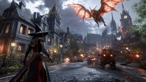 Witch in Gothic City with Dragon