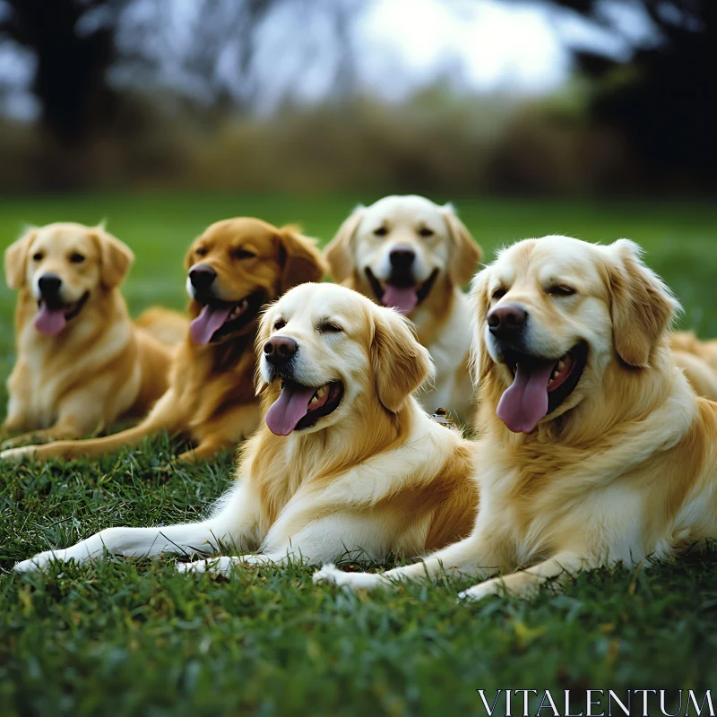 Golden Retrievers Posing Happily on Grass AI Image