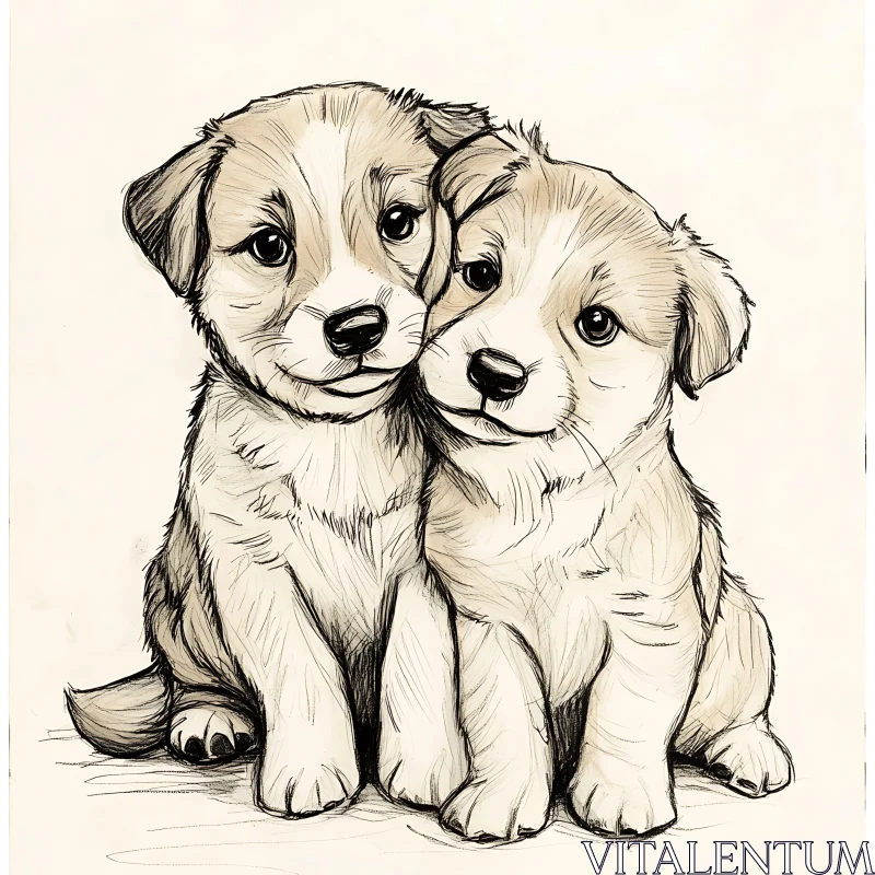 Cute Puppy Duo Sketch Art AI Image