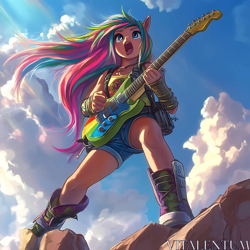 Anime Girl Rockstar Playing Guitar on a Cloudy Peak AI Image