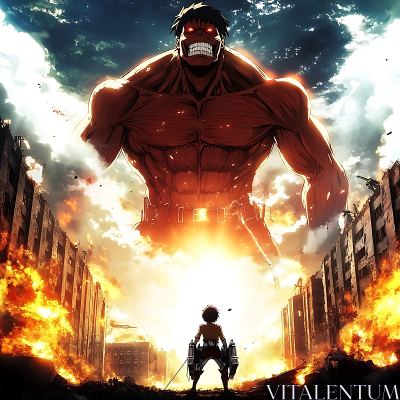 Anime Giant in Fiery Cityscape Showdown AI Image