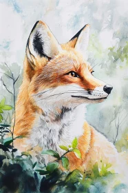 Fox in Watercolor Surrounded by Nature