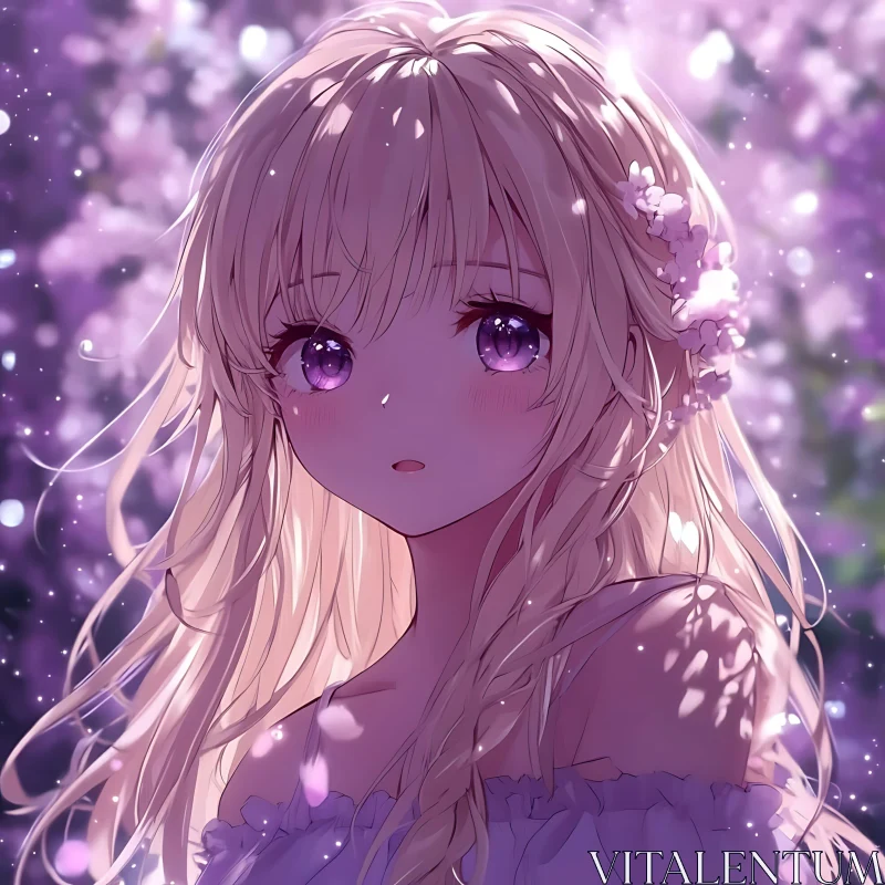 Blonde Anime Girl with Purple Eyes and Floral Background AI Image