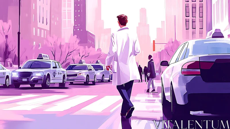 Stylized Urban Scene with Taxis and Pedestrians AI Image