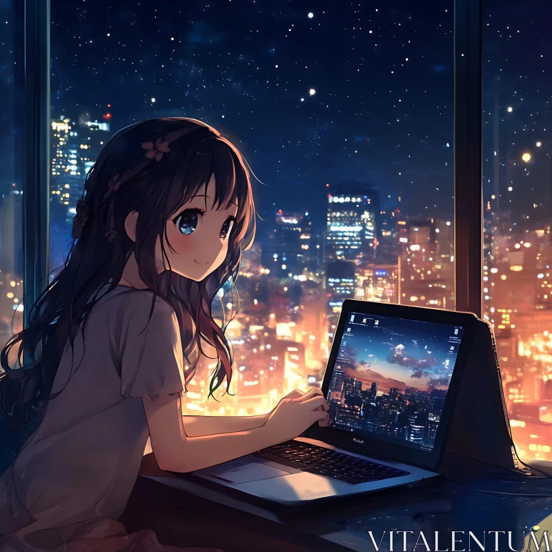 Anime Girl in Starry Night Cityscape AI Image