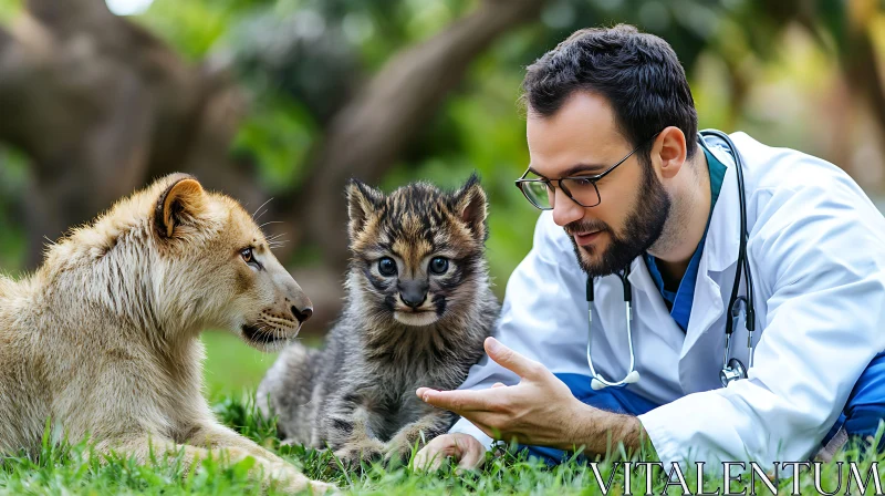 AI ART Veterinarian with Lion Cubs