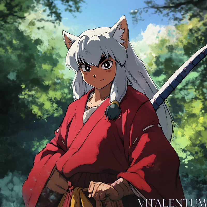 AI ART Forest Anime Character with Sword and Red Robe