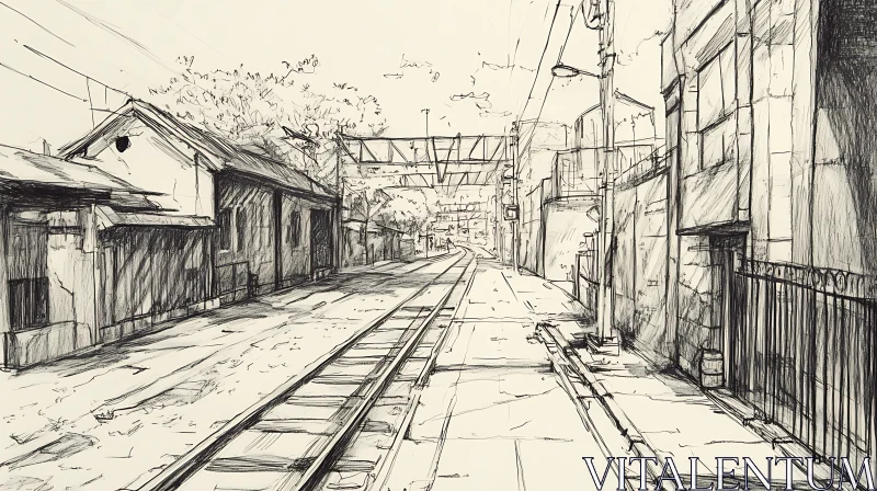 AI ART Monochrome Cityscape with Railroad Tracks