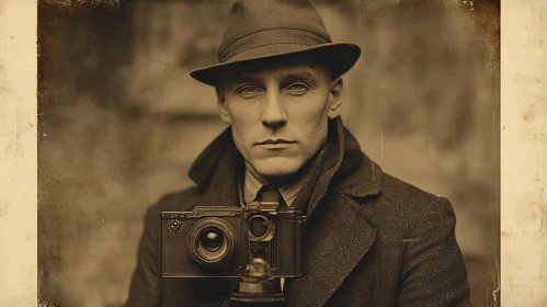 Nostalgic Sepia-Toned Portrait of a Man with Vintage Camera