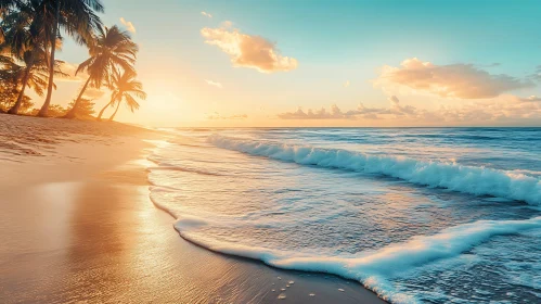 Tropical Beach at Sunrise with Palm Trees