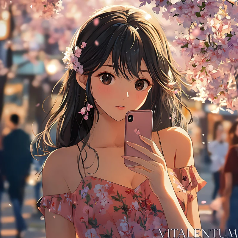 Anime Girl with Floral Dress and Blossoms AI Image