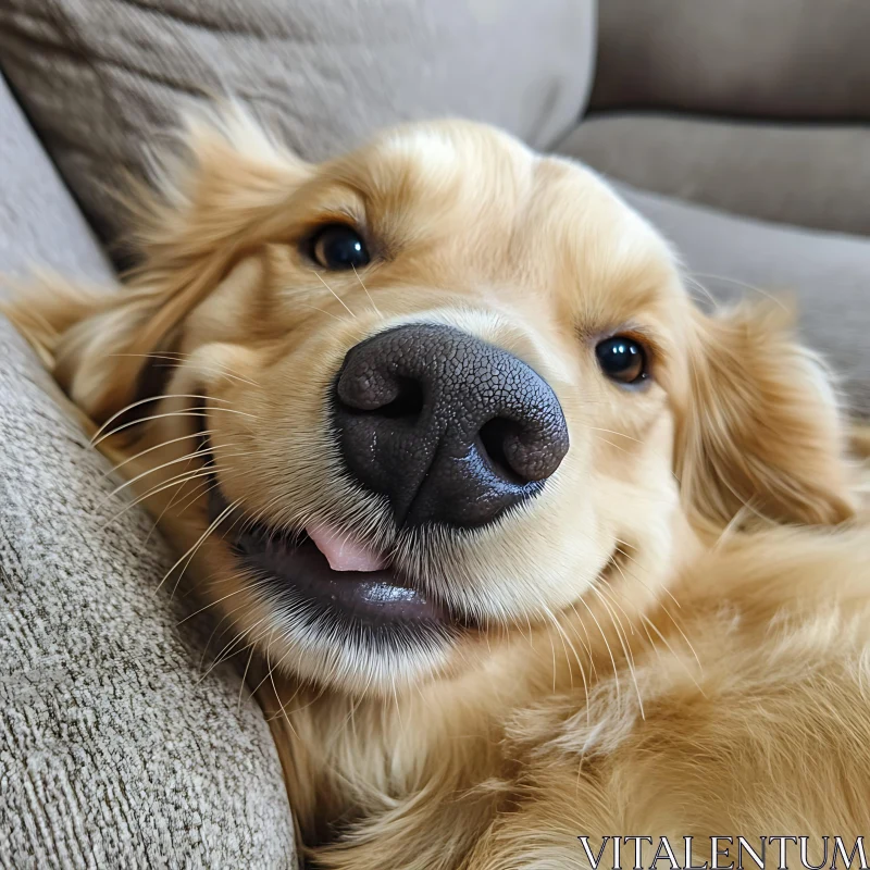 Happy Golden Retriever Relaxing on Couch AI Image