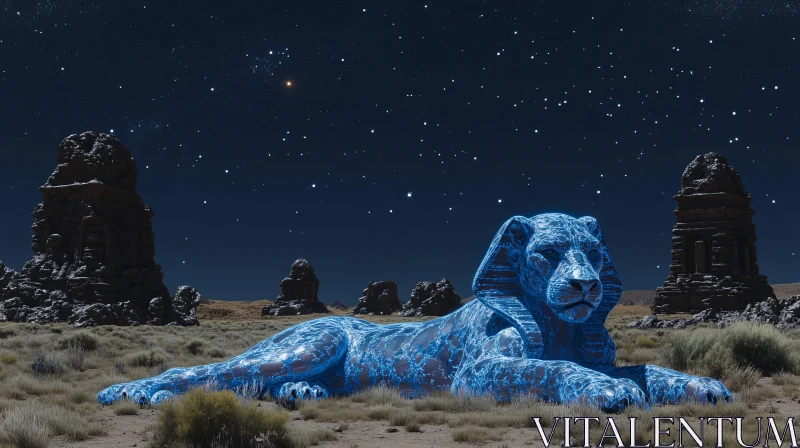 AI ART Desert Night Blue Lion Art