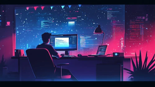 Coder In Neon City At Night