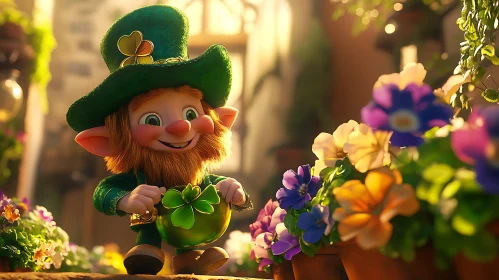 Lucky Leprechaun in a Floral Garden