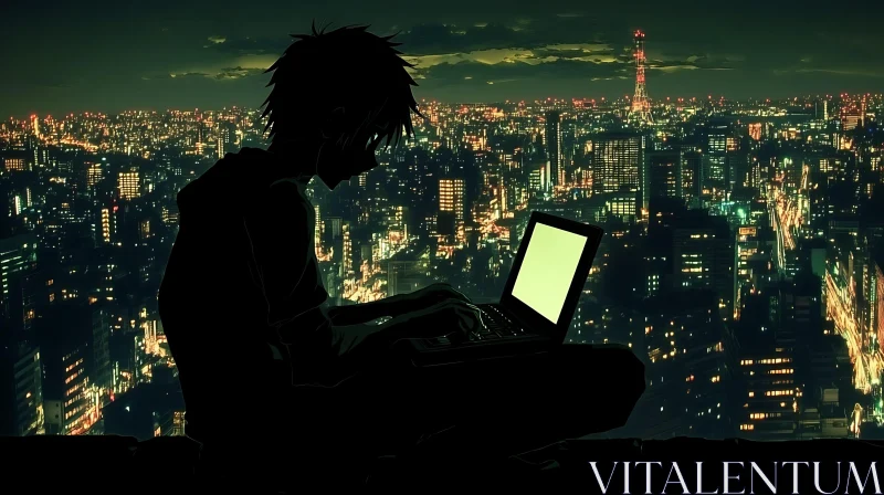 Solitary Figure with Laptop Overlooking Cityscape AI Image