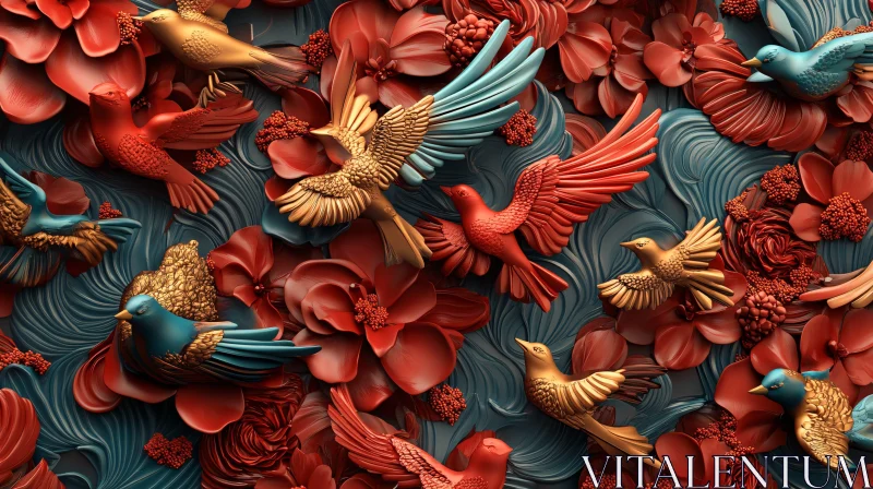 AI ART Sculptured Birds in Floral Design