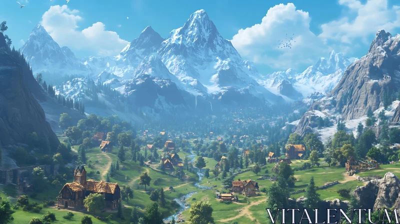 AI ART Valley Village with Snow Mountains